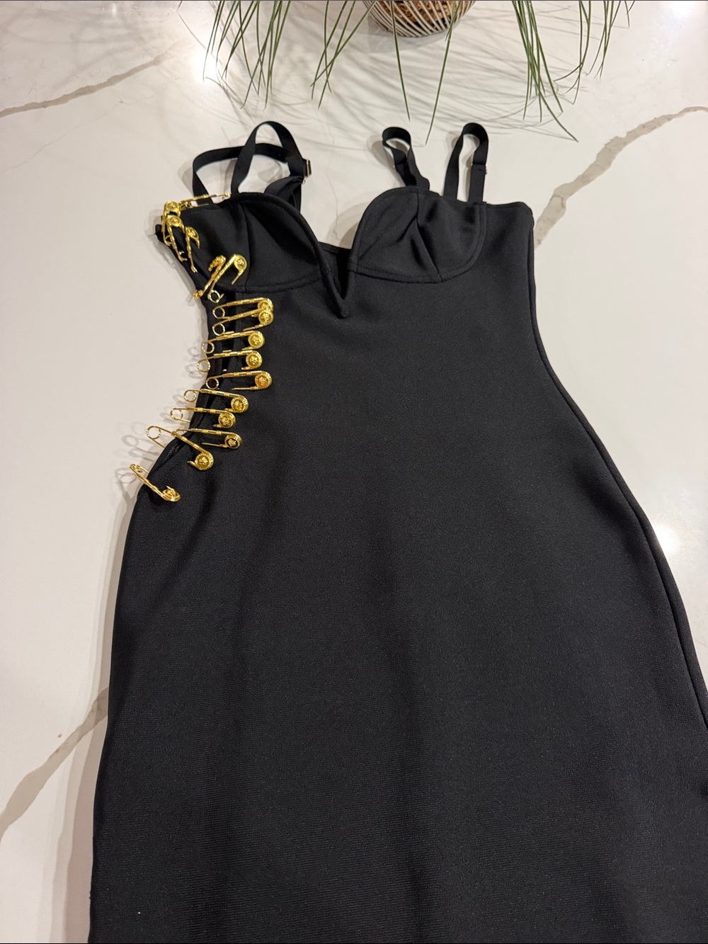 Bella barnett Black Sleeveless Bodycon Dress with Gold Safety Pin Detail